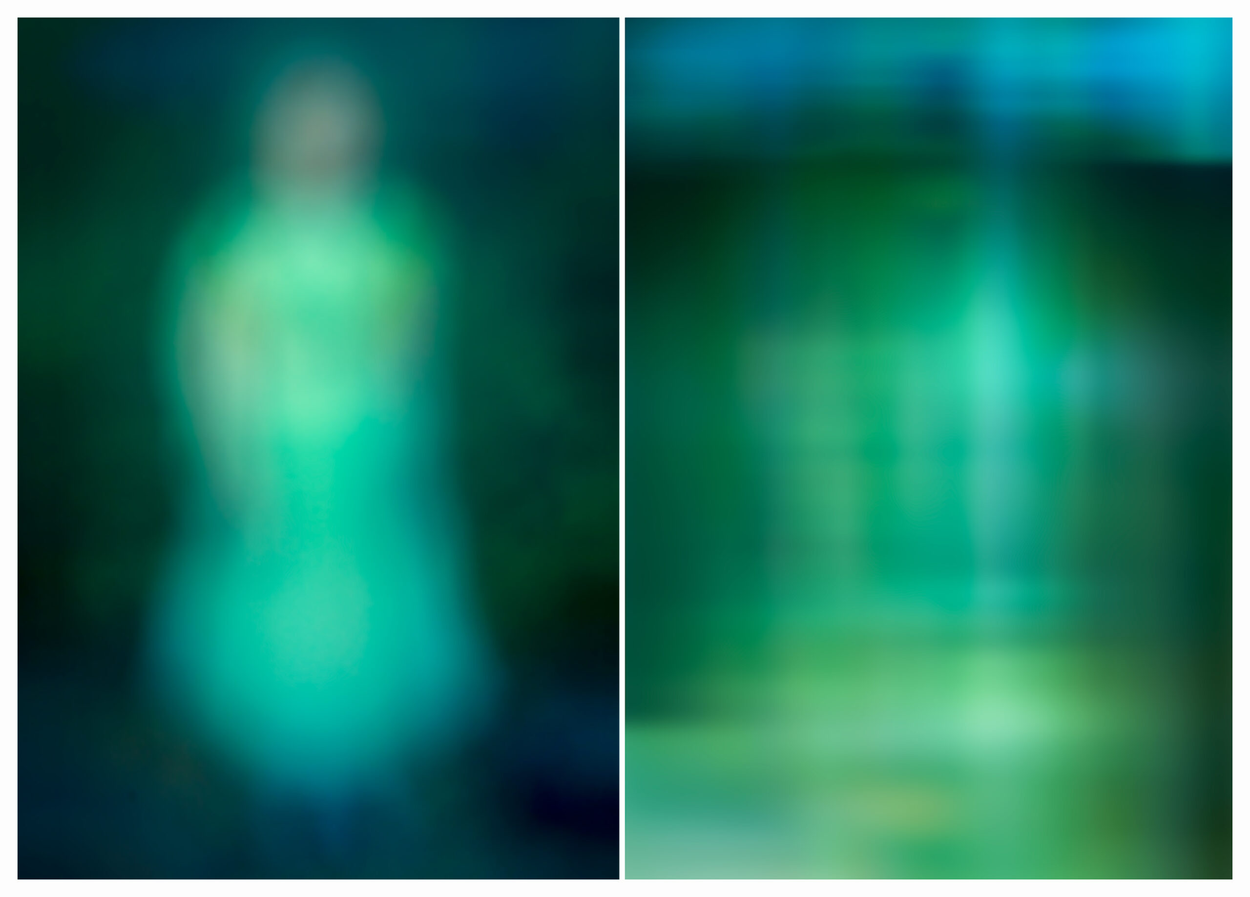 Blurry abstract photo diptych of a person standing in a dress in a blueish-cyan and green landscape