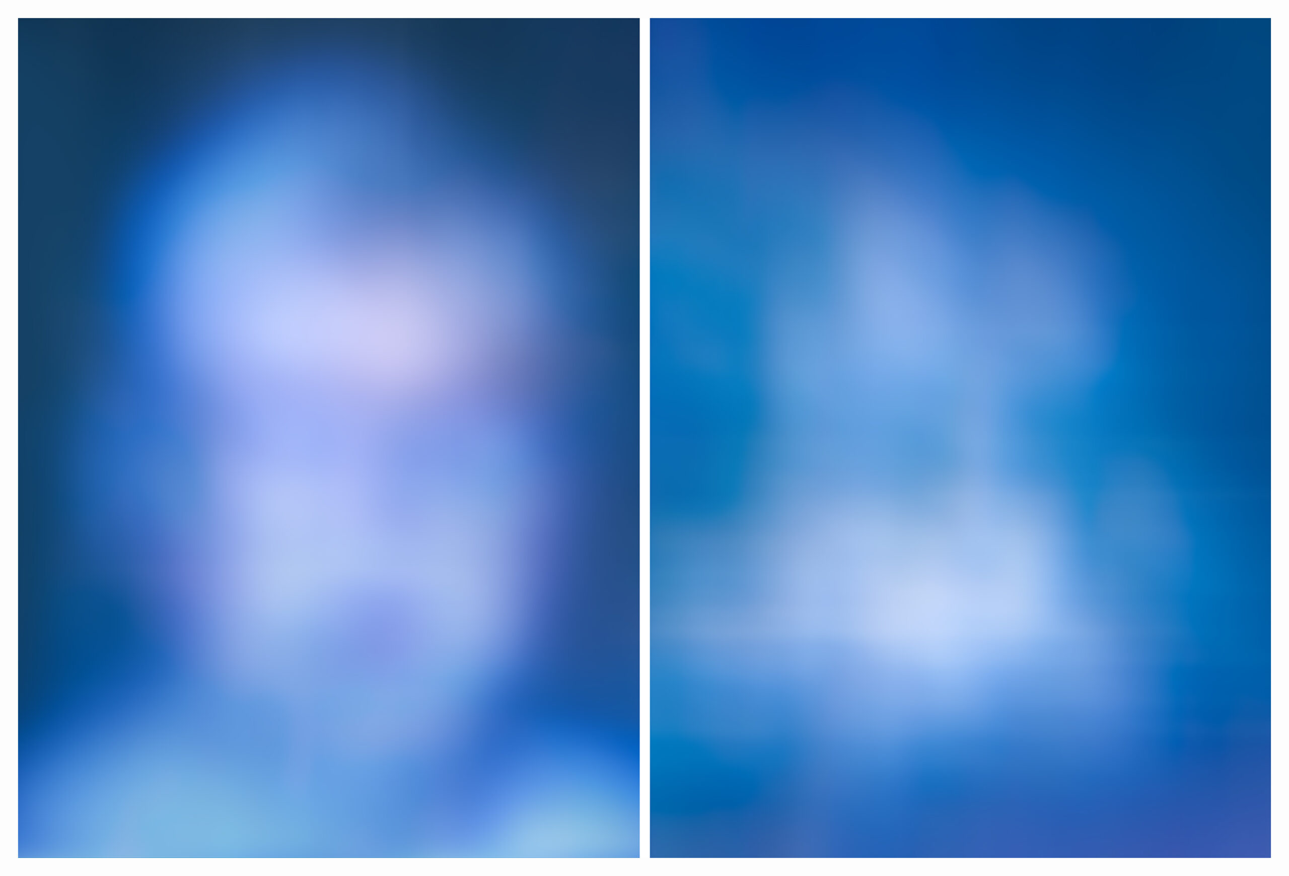 Blurry abstract photo diptych of blueish white human head portrait facing snow in clouds