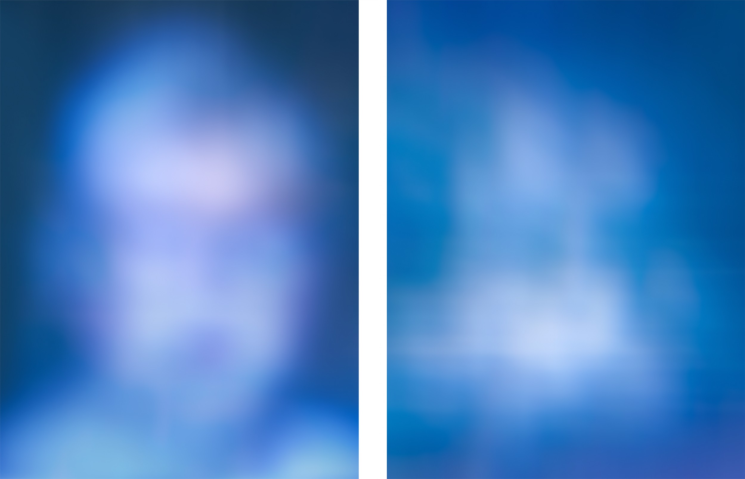 blurry female portrait next to blue color field with white snow